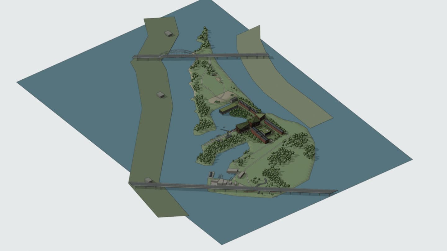 3D-model van het hele gebied tussen de twee bruggen