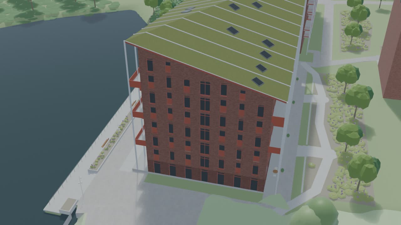 Gebouw D1 in het 3D-model, met materialen